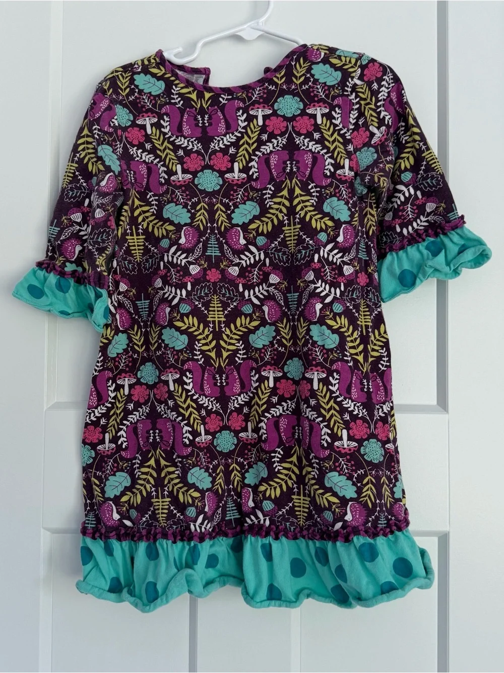 Girls' Floral Pattern Purple & Teal Ruffle Dress